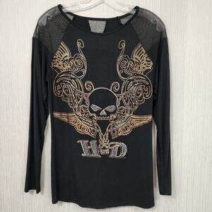 Harley-Davidson NWT jeweled skull & wings graphic sheer shoulder shirt woman's S